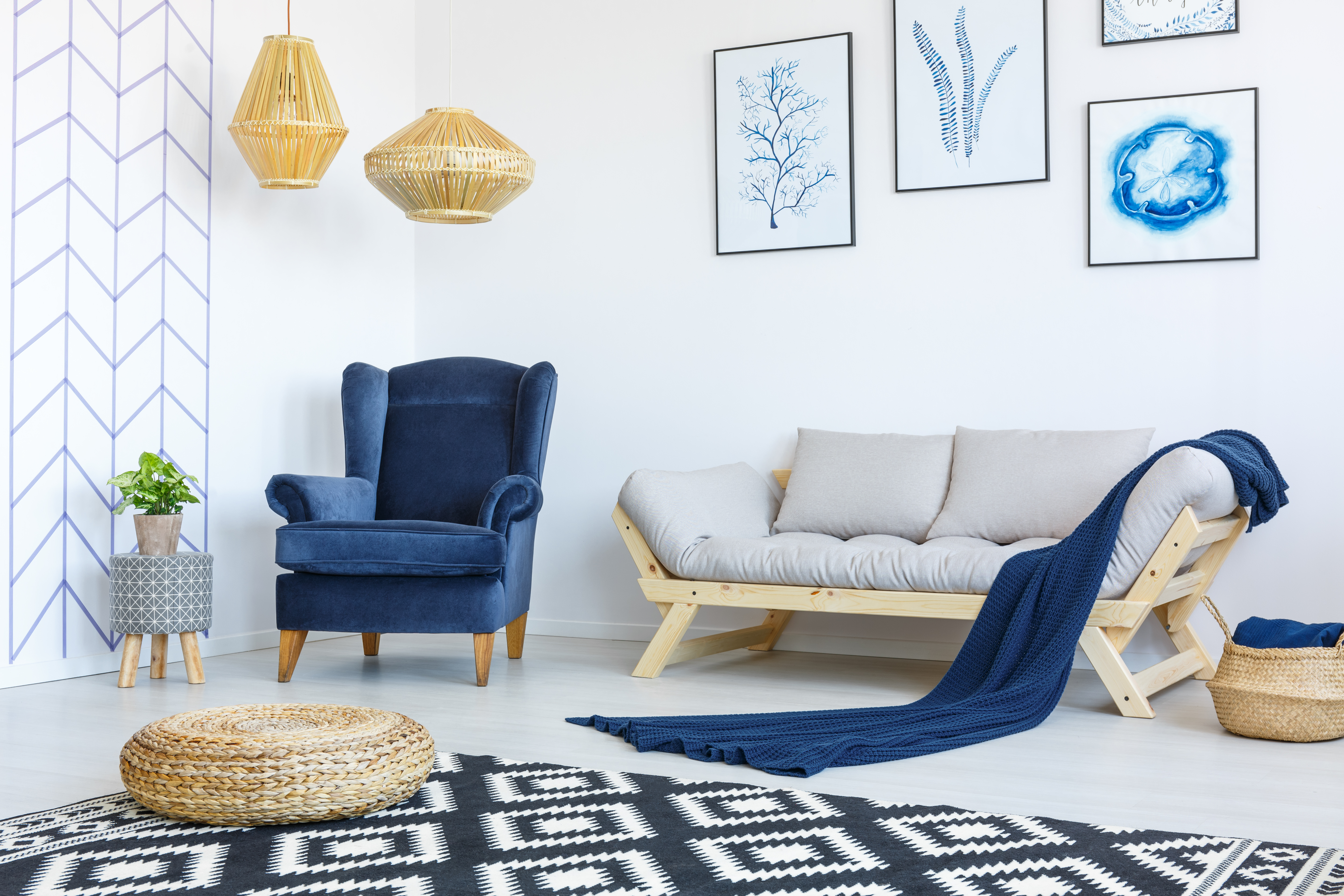 Stylish blue and white living room